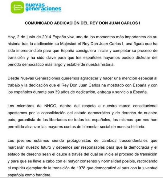 Comunicado de Nuevas Generaciones con motivo de la abdicación del rey Don Juan Carlos I.